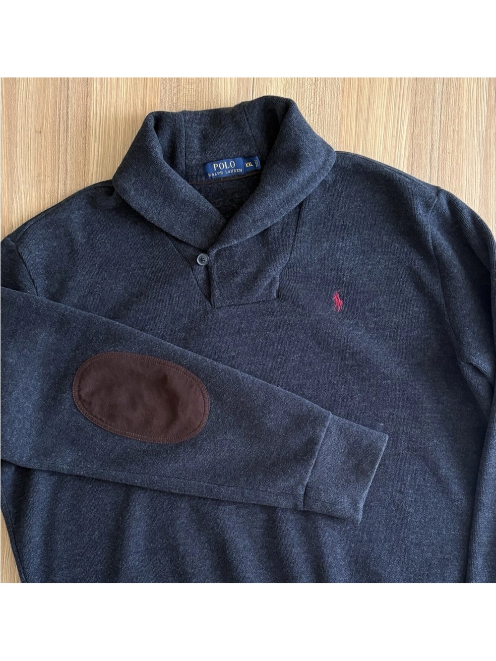 Polo Ralph Lauren Shawl Collar Elbow Patch Sweater Mens XXL Charcoal Cotton Pony